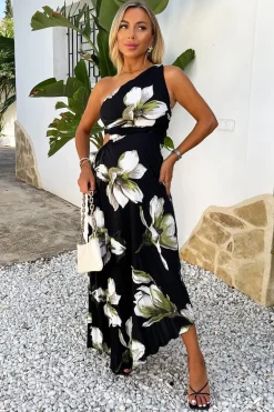 Black And White Floral Print One Shoulder Cut Out Pleated Midi Dress