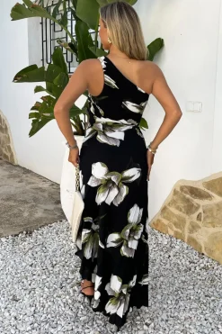 Black And White Floral Print One Shoulder Cut Out Pleated Midi Dress