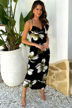 Black And White Floral Print Strappy Twist Back Slip Midi Dress