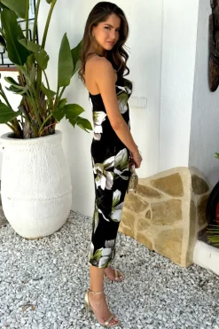 Black And White Floral Print Strappy Twist Back Slip Midi Dress