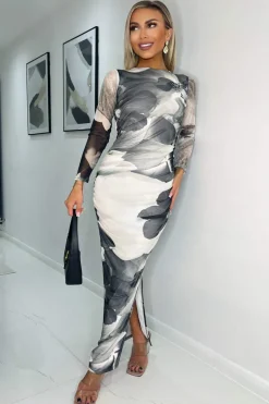 Black and White Floral Print Mesh Long Sleeve Bodycon Midi Dress