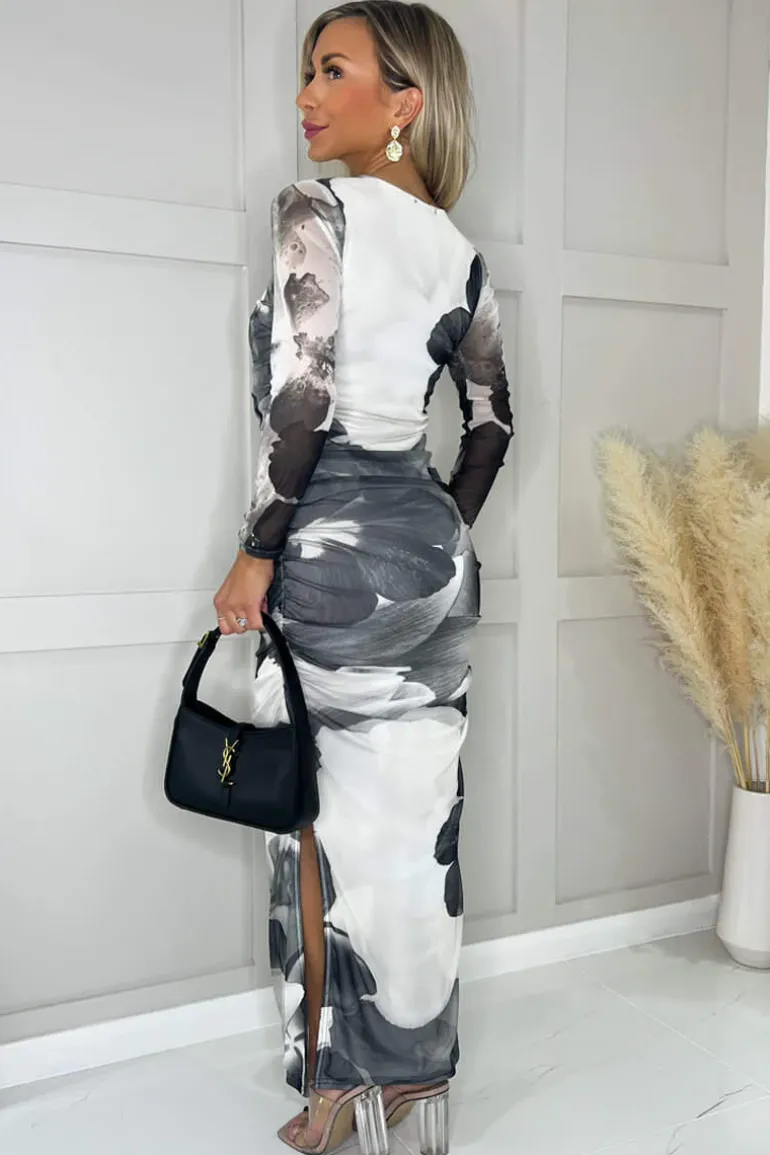 Black and White Floral Print Mesh Long Sleeve Bodycon Midi Dress