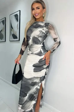 Black and White Floral Print Mesh Long Sleeve Bodycon Midi Dress