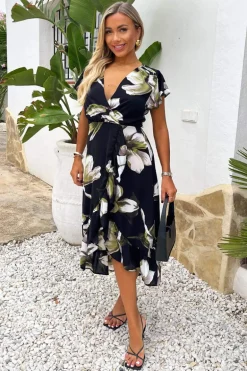 Black And White Floral Print Frill Hem Wrap Midi Dress