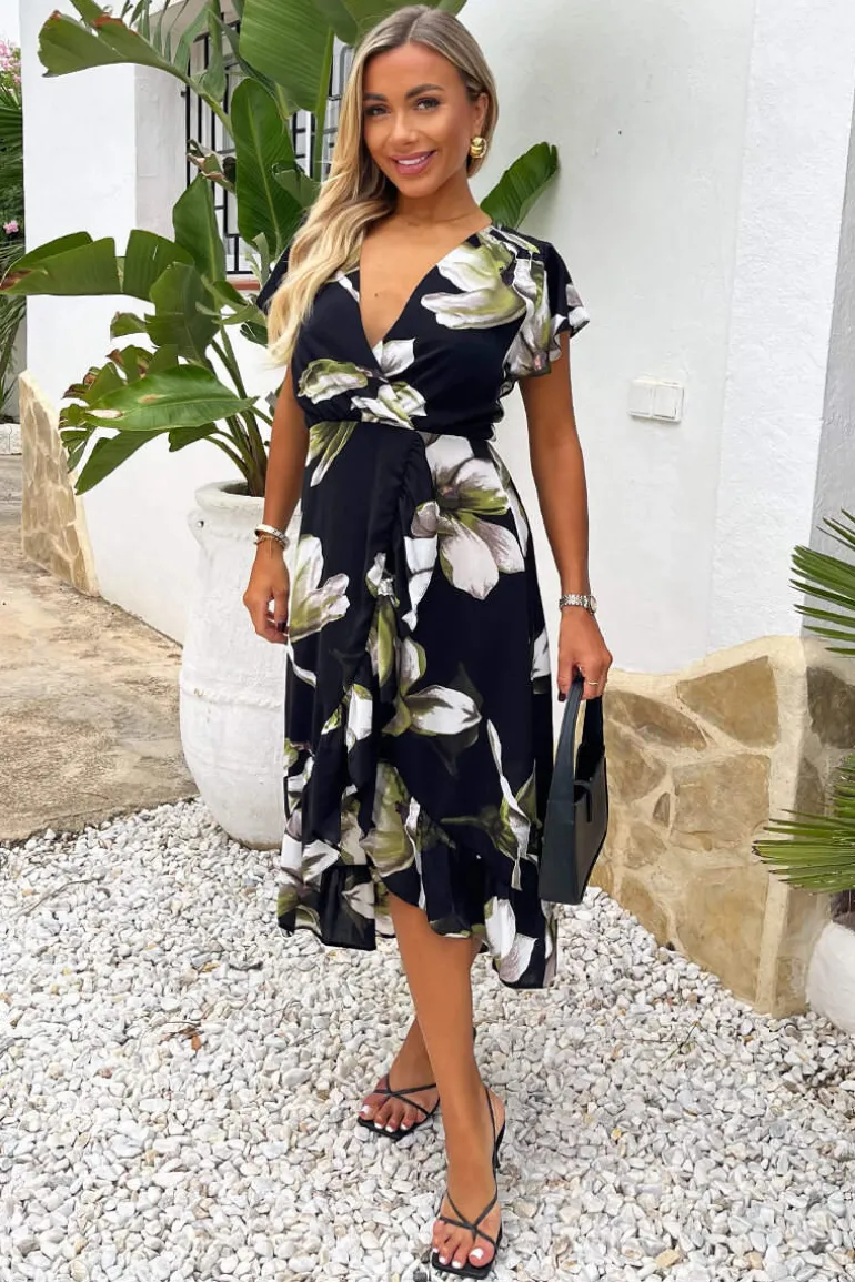 Black And White Floral Print Frill Hem Wrap Midi Dress