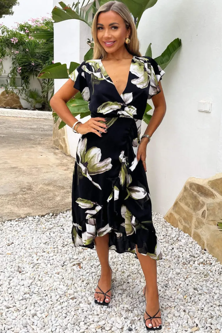 Black And White Floral Print Frill Hem Wrap Midi Dress