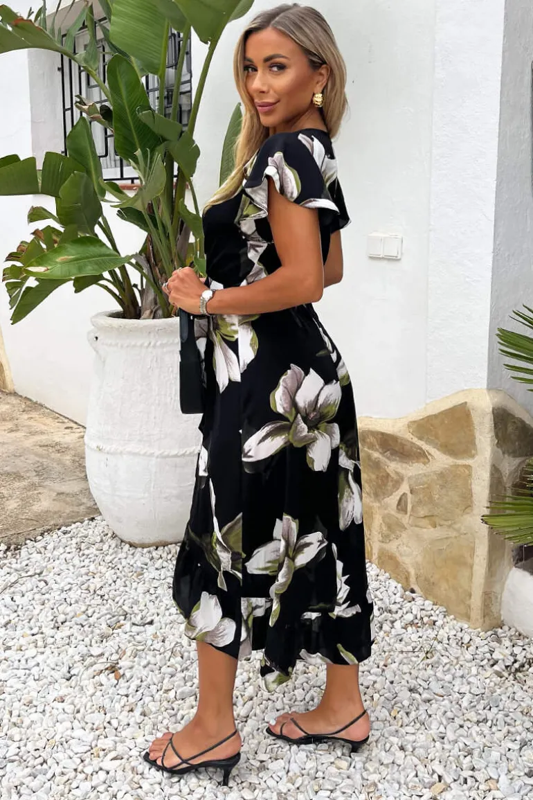Black And White Floral Print Frill Hem Wrap Midi Dress