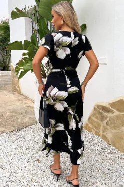 Black And White Floral Print Frill Hem Wrap Midi Dress