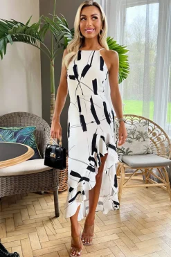 Black And White Frill Hem High Neck Midi Dress