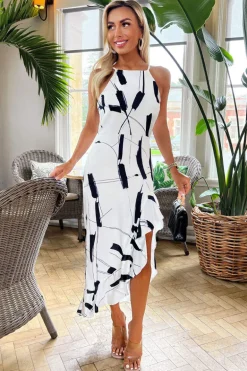 Black And White Frill Hem High Neck Midi Dress