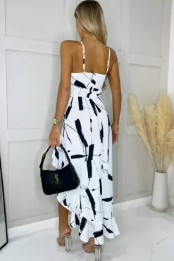 Black And White Frill Hem High Neck Midi Dress