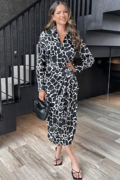 Black And White Giraffe Print Side Tie Waist Wrap Midi Dress