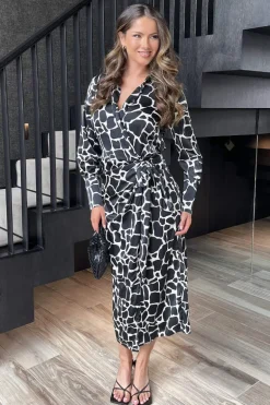 Black And White Giraffe Print Side Tie Waist Wrap Midi Dress