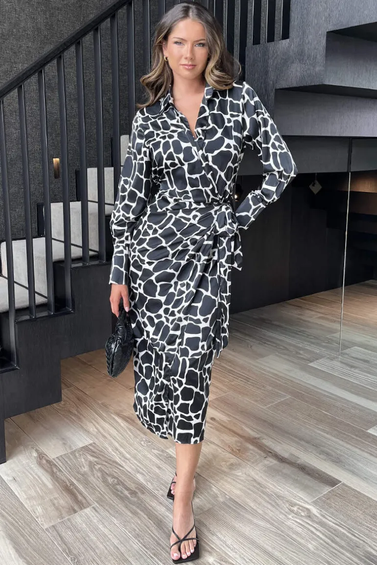 Black And White Giraffe Print Side Tie Waist Wrap Midi Dress