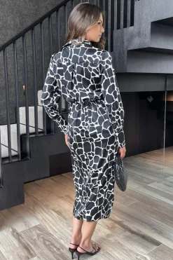 Black And White Giraffe Print Side Tie Waist Wrap Midi Dress