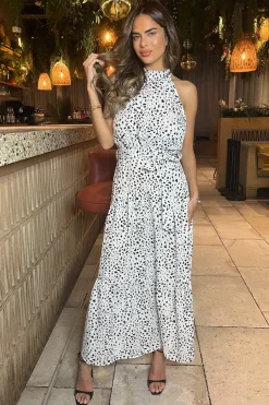 Black And White Halterneck Tie Waist Midi Dress