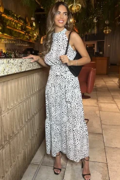 Black And White Halterneck Tie Waist Midi Dress
