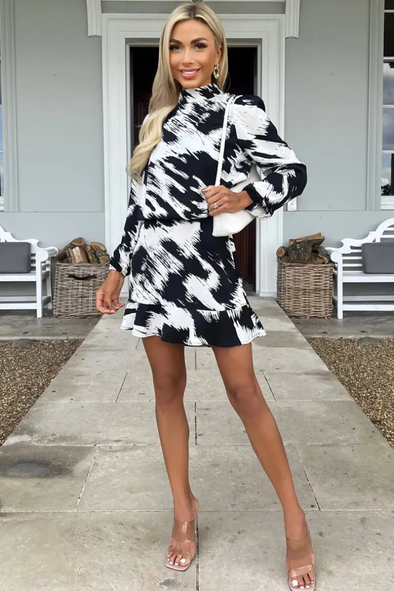 Black and White High Neck Long Sleeve Skater Dress