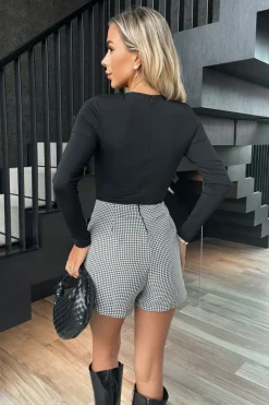 Black And White Houndstooth 2 in 1 Long Sleeve Playsuit