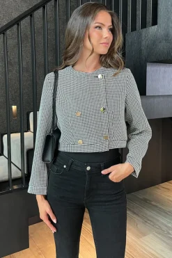 Black And White Houndstooth Double Breasted Cropped Jacket