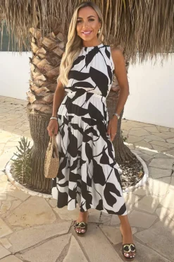 Black And White Leaf Print Sleeveless Tiered Smock Midi Dress