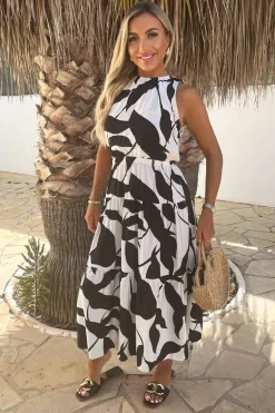 Black And White Leaf Print Sleeveless Tiered Smock Midi Dress