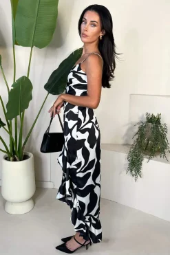 Black And White Leaf Print Strappy Wrap Top High Low Frill Hem Midi Dress
