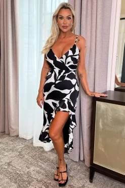 Black And White Leaf Print Strappy Wrap Top High Low Frill Hem Midi Dress
