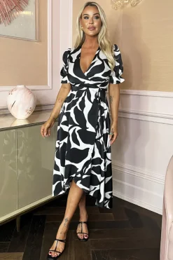 Black And White Leaf Print Puff Sleeve Wrap Midi Dress