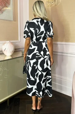 Black And White Leaf Print Puff Sleeve Wrap Midi Dress