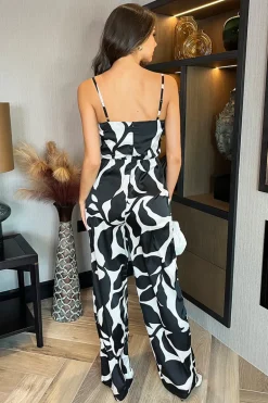 Black And White Leaf Print Strappy Cowl Neck Jumpsuit