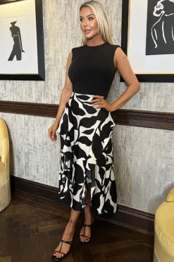 Black And White Leaf Print 2 In 1 Double Frill Split Midi Dress