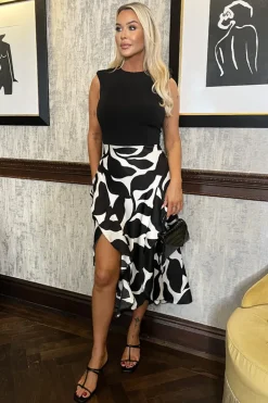 Black And White Leaf Print 2 In 1 Double Frill Split Midi Dress