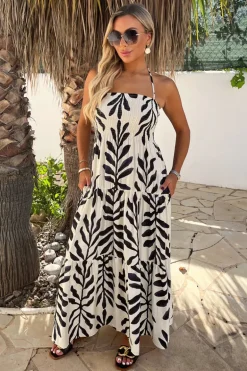 Black And White Leaf Print Tie Neck Shirred Top Smock Midi Dress