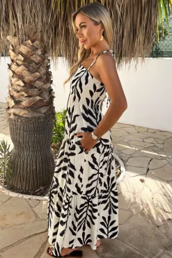 Black And White Leaf Print Tie Neck Shirred Top Smock Midi Dress