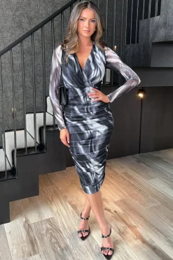 Black And White Marble Print Wrap Long Sleeve Ruched Mesh Midi Dress