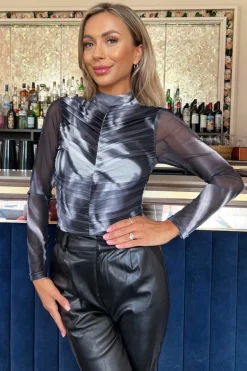 Black And White Marble Print High Neck Long Sleeve Ruched Mesh Bodysuit