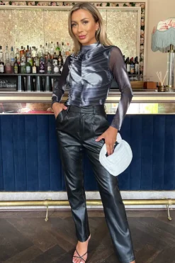 Black And White Marble Print High Neck Long Sleeve Ruched Mesh Bodysuit