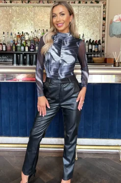 Black And White Marble Print High Neck Long Sleeve Ruched Mesh Bodysuit