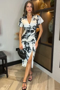 Black And White Marble Print Flutter Sleeve Wrap Top Gathered Midi Dress
