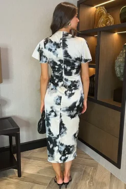 Black And White Marble Print Flutter Sleeve Wrap Top Gathered Midi Dress