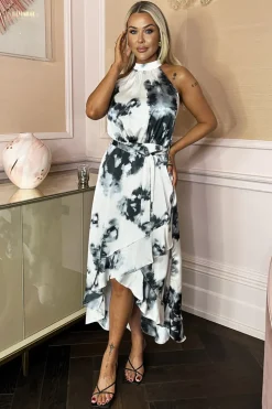 Black And White Marble Print Halter Neck Tie Waist Frill Hem Midi Dress