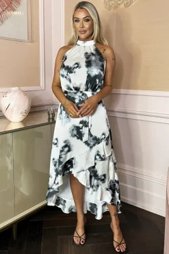 Black And White Marble Print Halter Neck Tie Waist Frill Hem Midi Dress