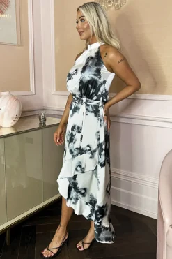 Black And White Marble Print Halter Neck Tie Waist Frill Hem Midi Dress