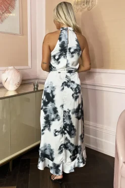 Black And White Marble Print Halter Neck Tie Waist Frill Hem Midi Dress