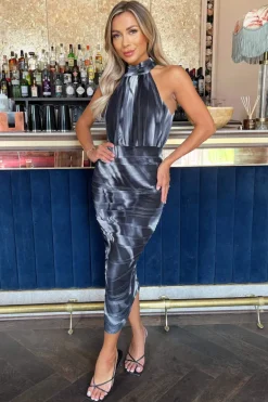 Black And White Marble Print Halter Neck Ruched Mesh Midi Dress