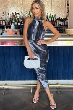 Black And White Marble Print Halter Neck Ruched Mesh Midi Dress