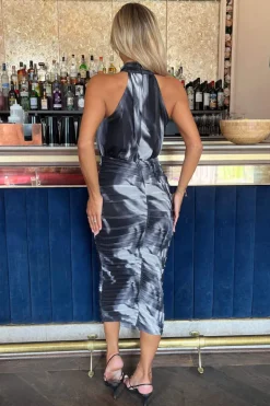 Black And White Marble Print Halter Neck Ruched Mesh Midi Dress