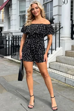 Black And White Polka Dot Bardot Playsuit