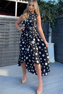 Black And White Polka Dot Gathered Midi Dress